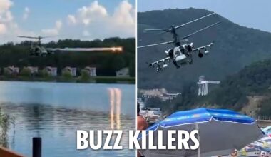 Bizarre moment gung-ho Russian helicopter gunship pilots terrify their own warzone 'tourists'