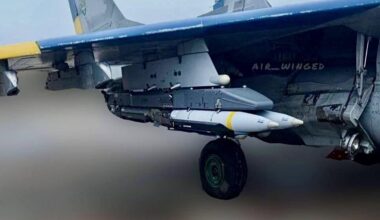 Mikoyan MiG-29 'Fulcrum' multirole jet, of the Ukrainian Air Force — ready for a mission - armed with U.S.-supplied 'GBU-39 SDB' glide bombs. A modified Fulcrum can carry up to eight (250 lb) Small Diameter Bombs.