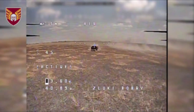 Ukrainian kamikaze drones destroy a Russian tank with mine roller and cage west of Donetsk City. July 2024