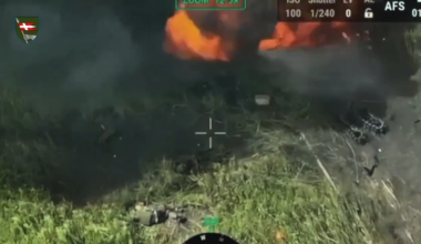 A Russian MTLB carrying infantry hits a mine and Ukrainian drones finish it off