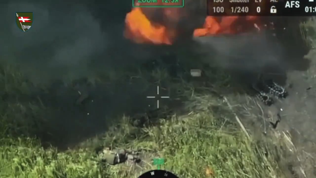 A Russian MTLB carrying infantry hits a mine and Ukrainian drones finish it off