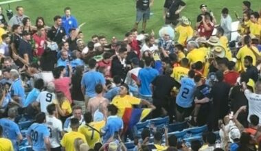 Ronald Araujo fighting with fans in the stands after Uruguays 1-0 defeat to Colombia