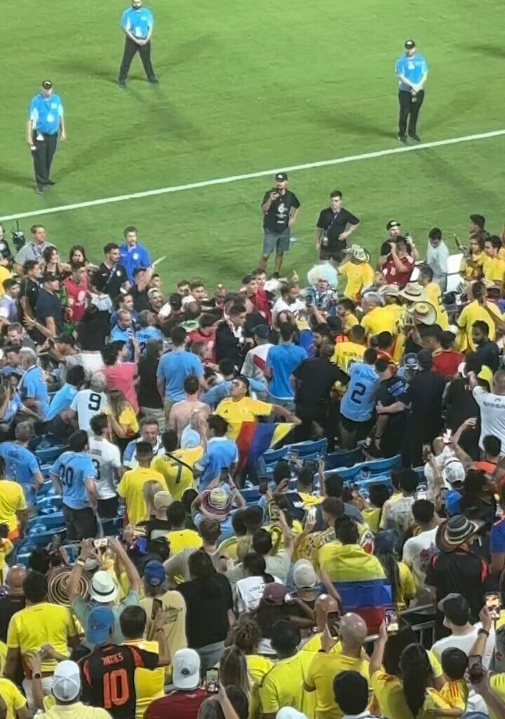 Ronald Araujo fighting with fans in the stands after Uruguays 1-0 defeat to Colombia