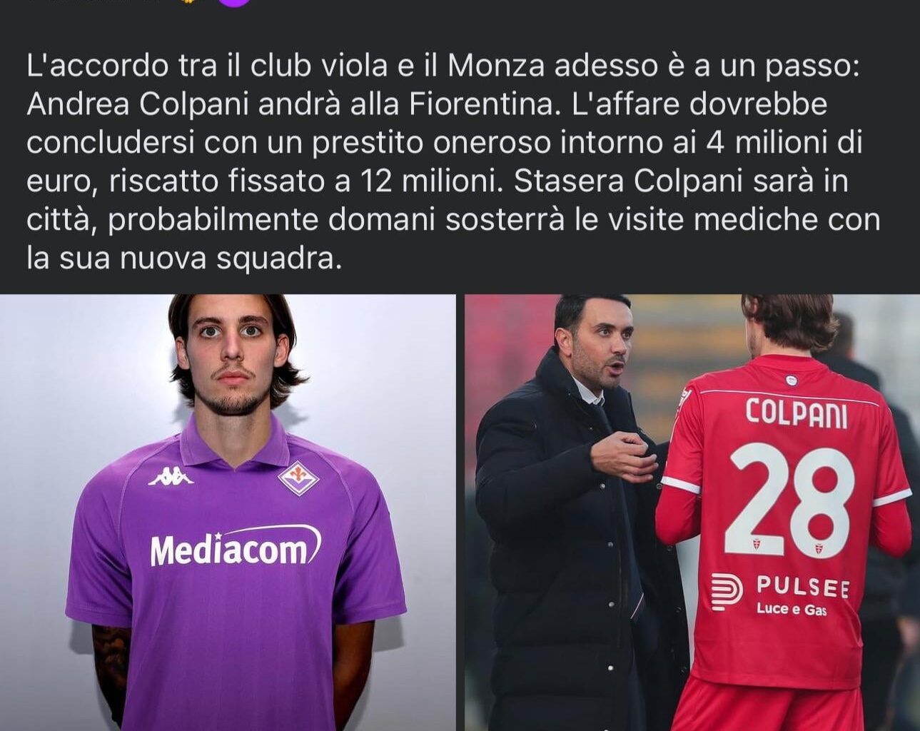 Colpani to Fiorentina on loan, €4M loan + €12M. Unclear whether it is an obligation or option to buy. Thoughts?