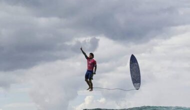 Actual non-edited photo of Gabriel Medina, surfer from Brazil, competing today