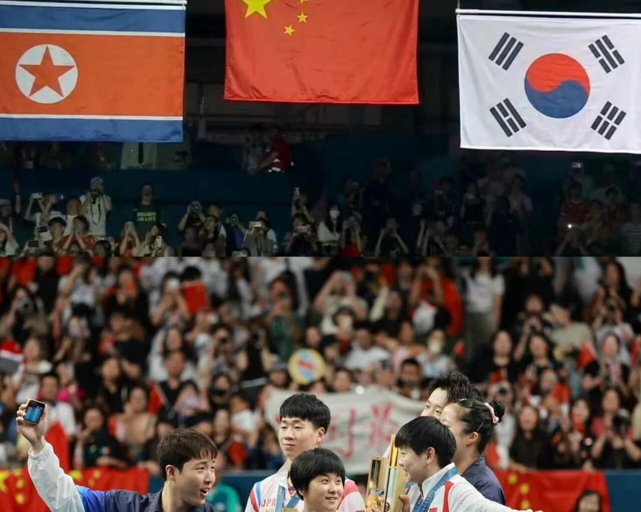 North and South Korean players grab a selfie with the Chinese after the table tennis mixed doubles finals