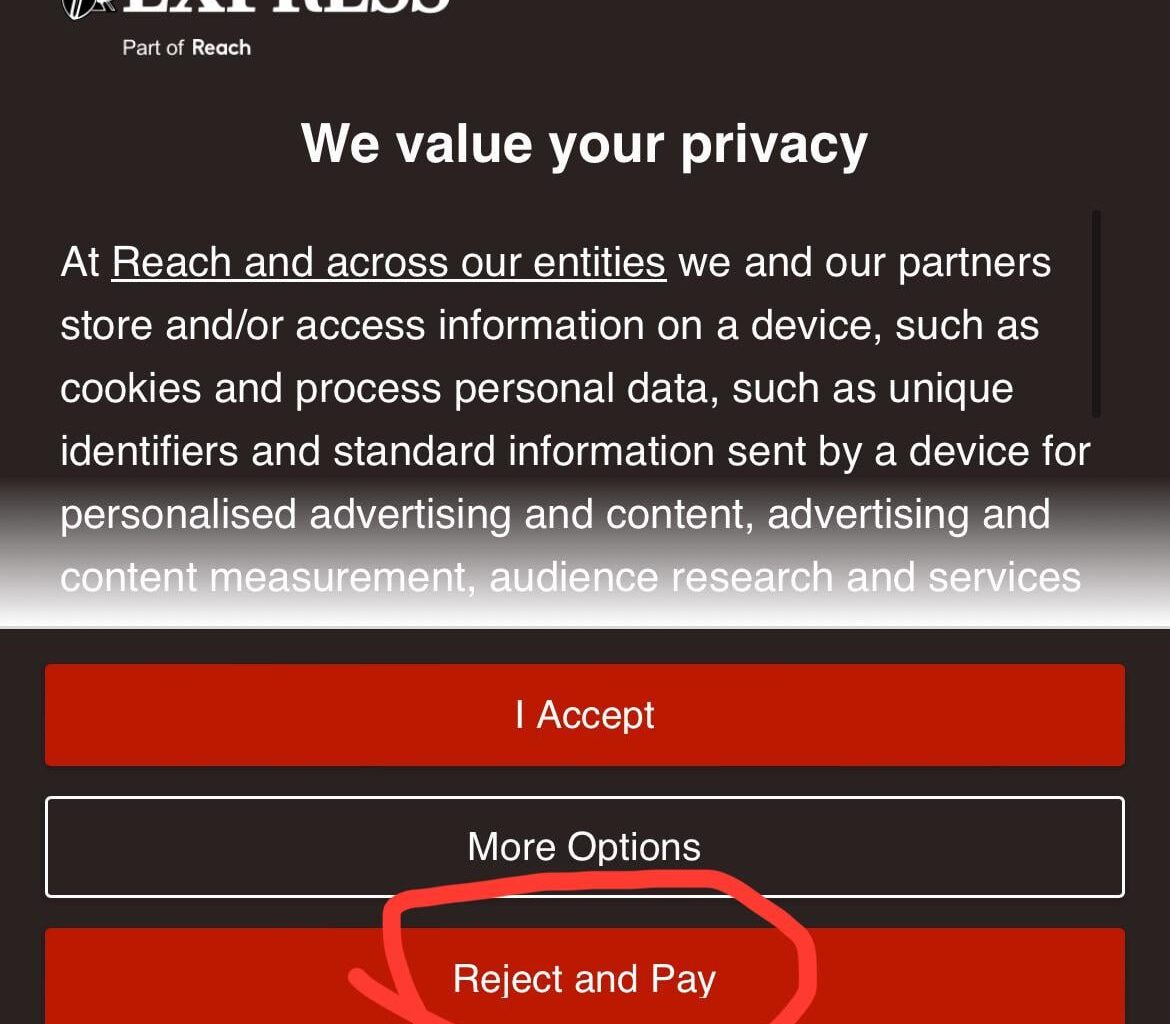 Newspaper makes rejecting cookies pay to win 💀