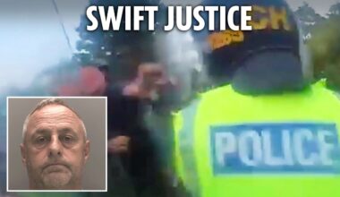 Police bodycam shows moment Southport rioter attacks cop before he is jailed for three years