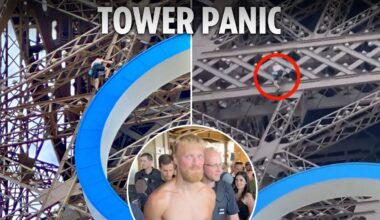 Eiffel Tower evacuated before Olympics closing ceremony as shirtless ‘Brit’ climbs 1,000ft landmark