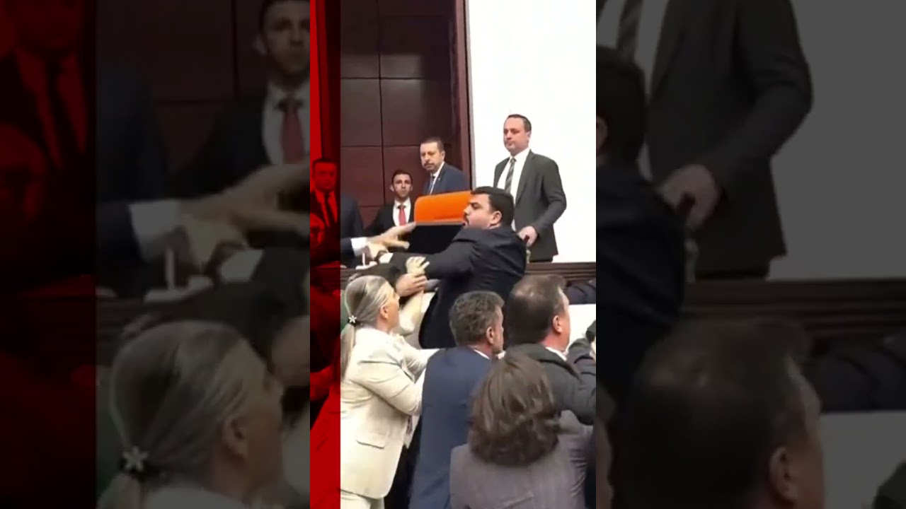 A brawl erupted in the parliament over the status of a jailed opposition figure. #Turkey #BBCNews