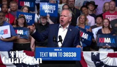 Tim Walz talks about Nebraska roots at Omaha rally and pushes back against Trump AI claim