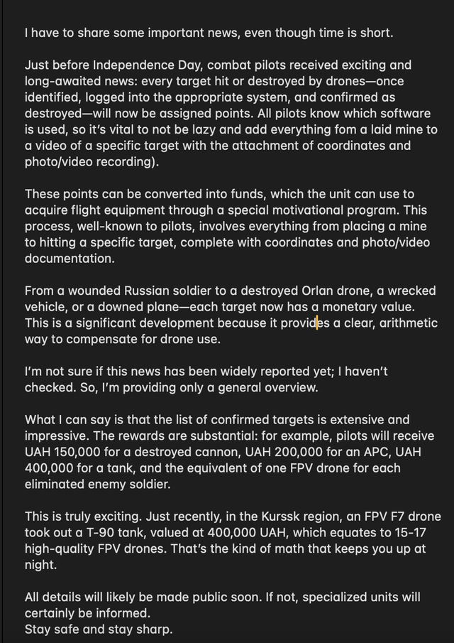 Robert Magyar reveals details of a new program for Ukrainian drone pilots that offers financial rewards for hitting specific targets. The program also allows pilots to accumulate points, which can be converted into drone equipment for their units.