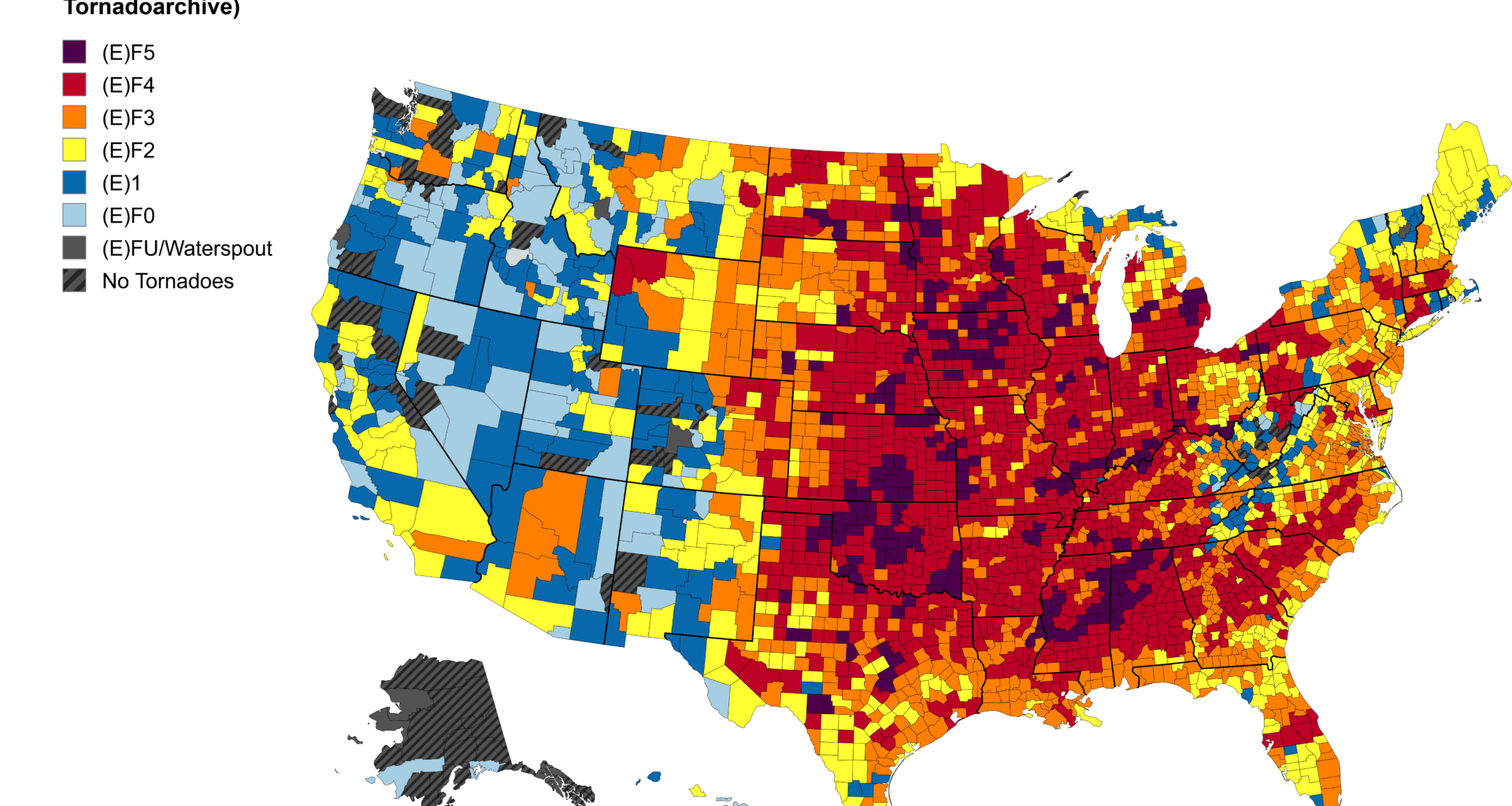 [OC] Strongest tornado in every american county.