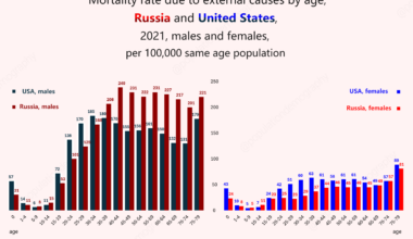 Mortality due to external causes by age, USA and Russia, males and females, 2021, per 100,000 same age population [OC]