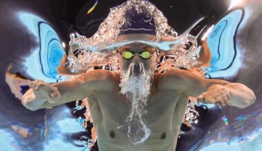 Léon Marchand of France in action in the men’s 200m individual medley swimming race.