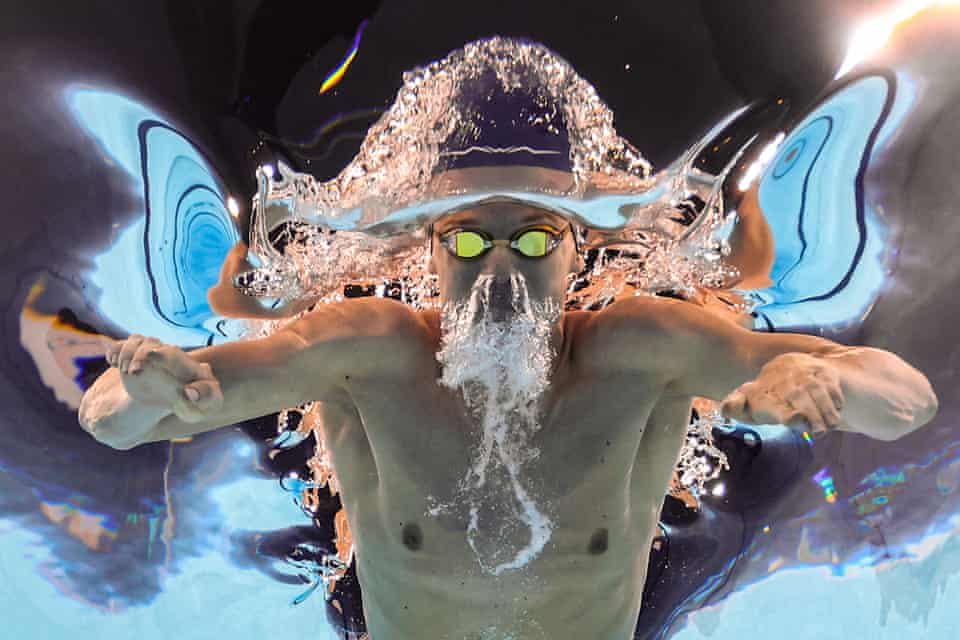 Léon Marchand of France in action in the men’s 200m individual medley swimming race.