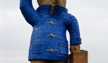 My local ice cream farm has built a 45 foot Paddington Bear out of hay bails in their field