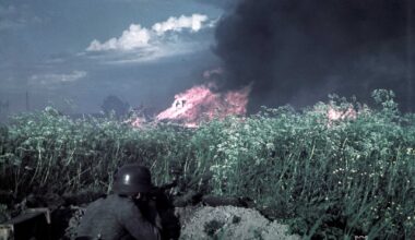 Firefight in Povenets, Finnish-occupied East Karelia, Soviet Union, 2 July 1942. [SA-Kuva, Finnish Wartime Photograph Archive] Original colour.