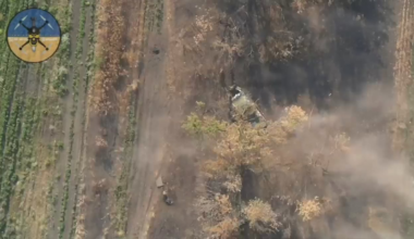 Drone-bomber of the "Air Canada" group of the 3rd mechanized battalion of the 72nd OMBr drops three VOG grenades on dismounting Russian infantry in quick succession