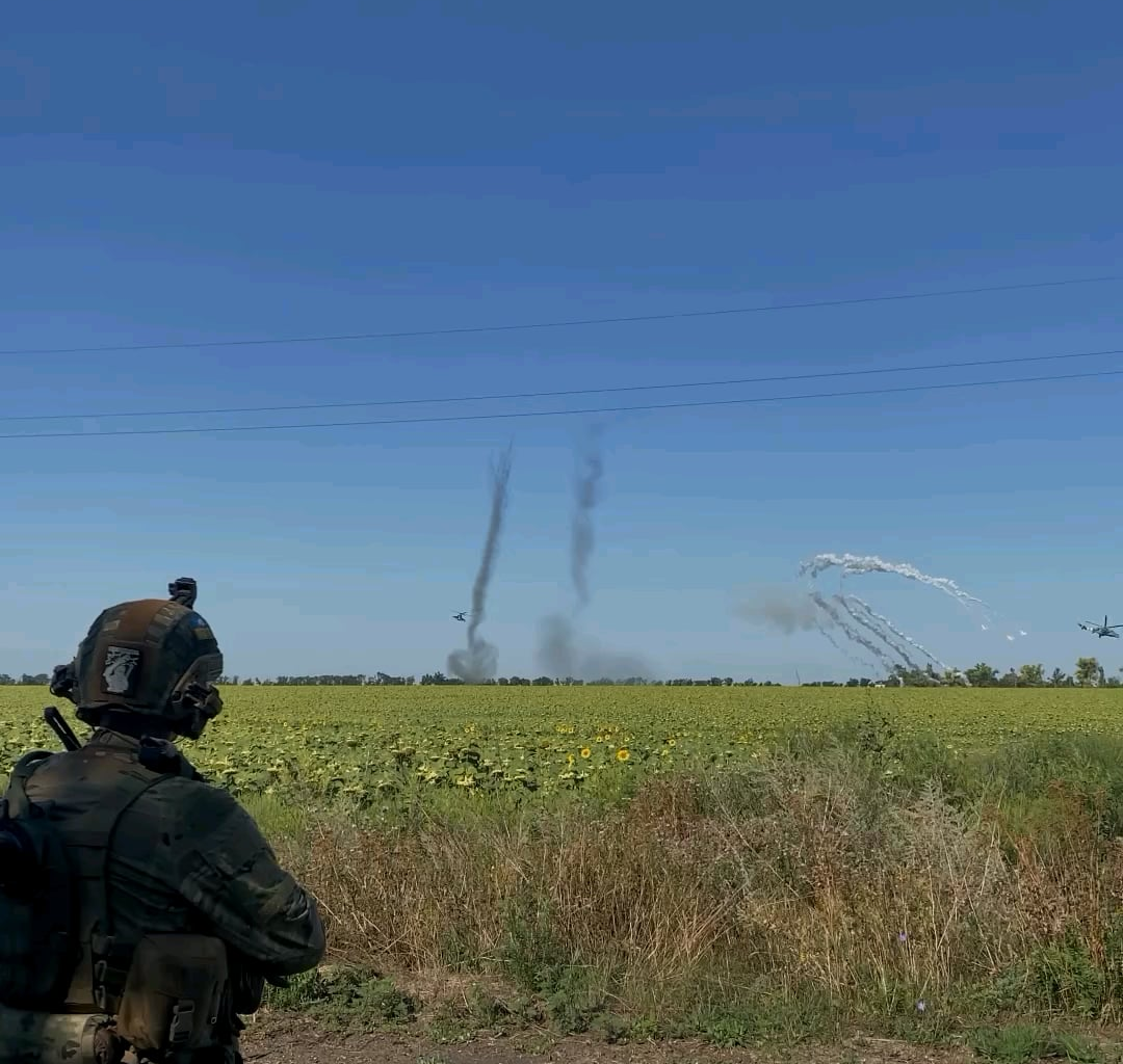 Ukrainian JTAC team observing a pair of Mi-24 attack helicopters of the Ground Forces Aviation firing rockets at a target pre-designated by them. Published on August 16, 2024 by "UTAC Team"