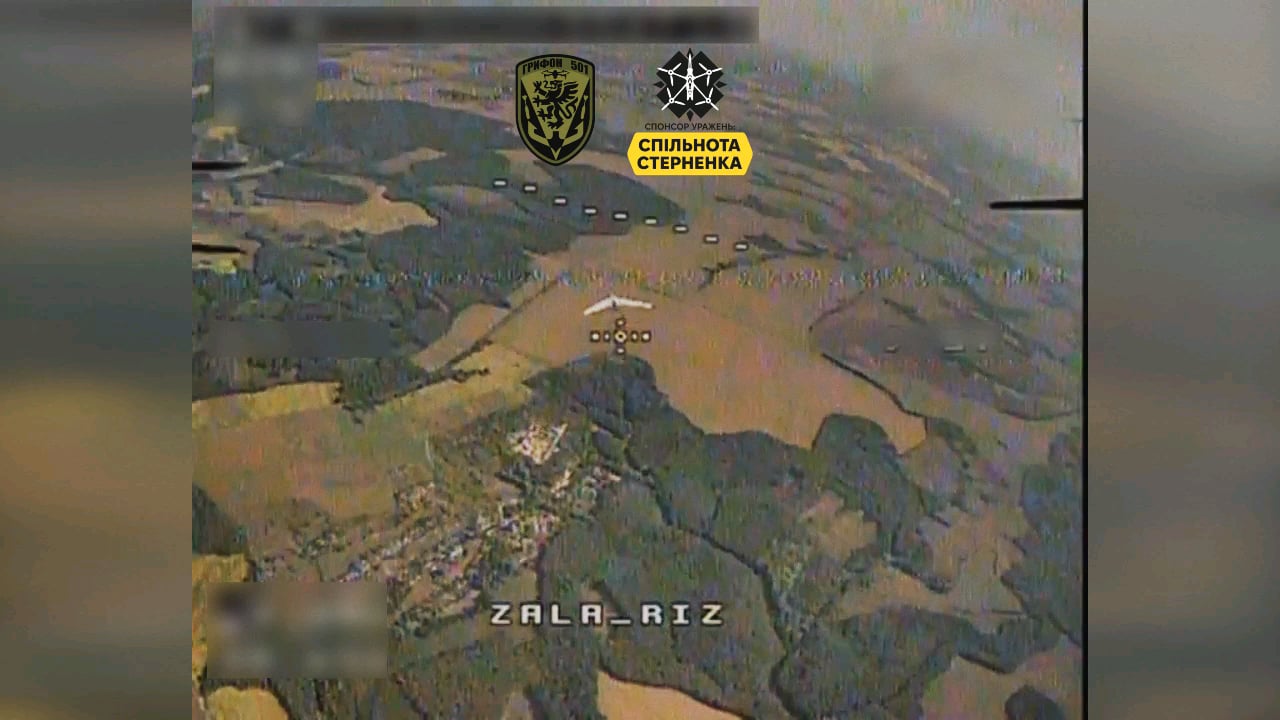 Russian observation drone Zala flying over Sumy Oblast was hit by remotely detonated kamikaze drone of the 501st Separate Marine Infantry Battalion "Gryphon". Published on August 23, 2024.