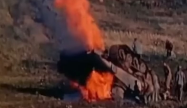 A Sherman with the 1st marine division flipped by an anti tank mine, only one tanker managed to escape, Okinawa 1945