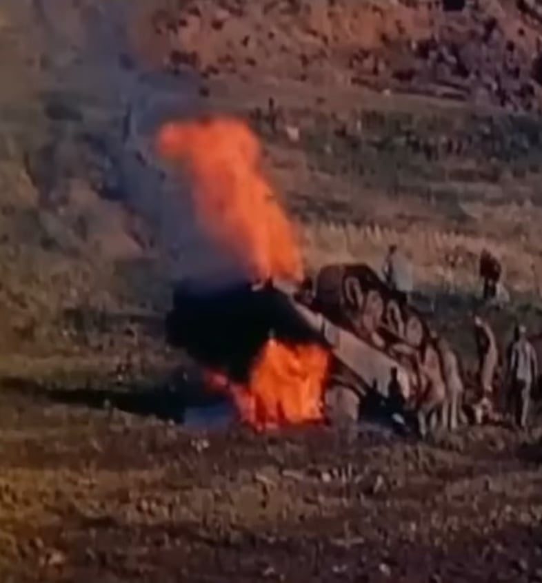 A Sherman with the 1st marine division flipped by an anti tank mine, only one tanker managed to escape, Okinawa 1945