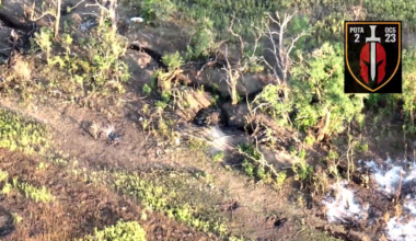 Ground drone leaves what looks like a 155 shell with a trigger mechanism on the floor. Blows up russian soldier.