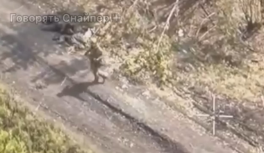 A Russian soldier tried to defend himself against a drone with an RPG.