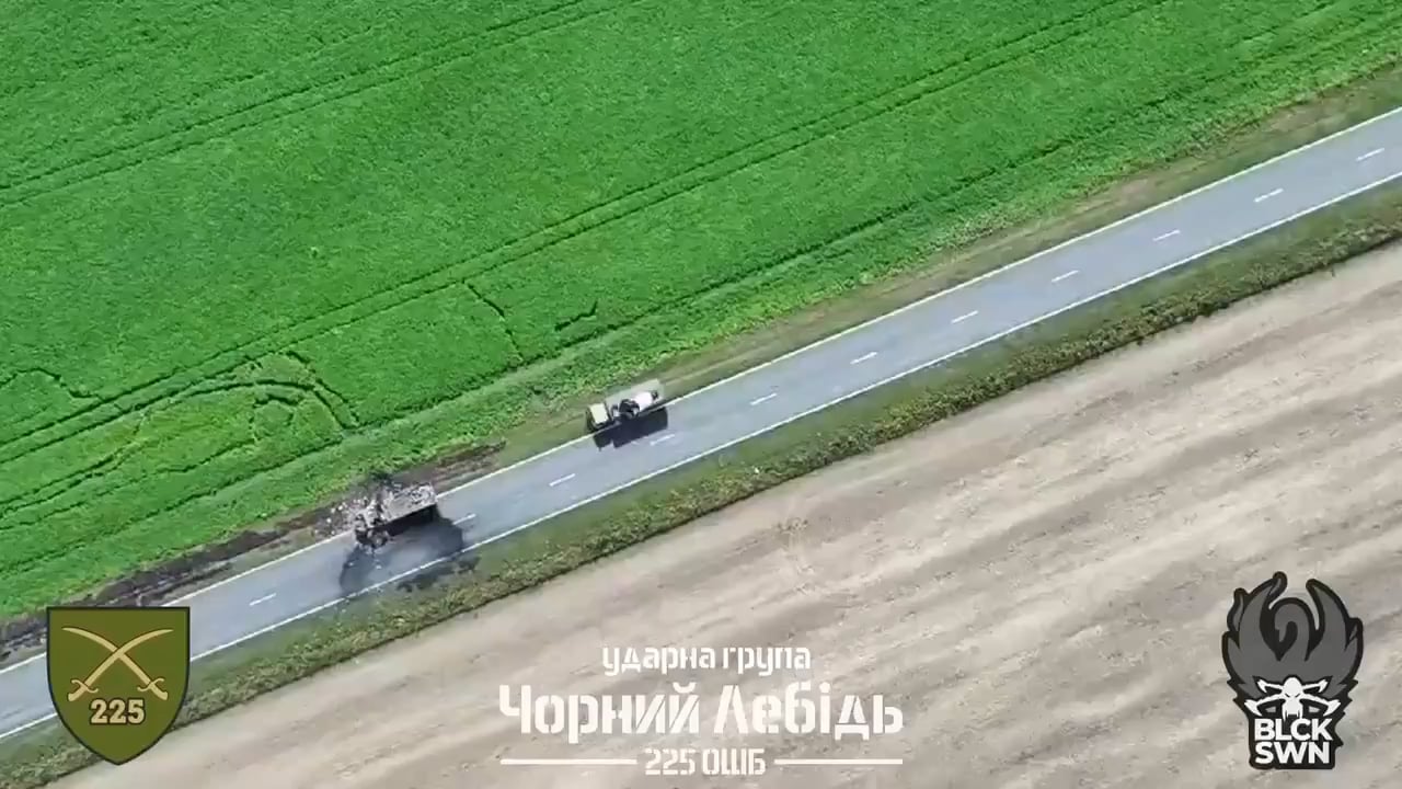 Drone operators of the Ukrainian 225th Assault Battalion's "Black Swan" unit drop grenades on Russian supply trucks in Kursk Oblast, Russia.