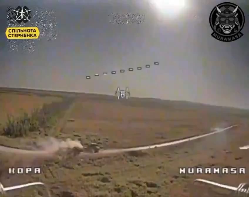 FPV pilots of the Ukrainian 109th Territorial Defense Brigade "MURAMASA" attack several Russian armored vehicles. (including a BREM armored recovery vehicle, an MT-LB, a 152-mm "Msta-S" self-propelled howitzer, and others) Pokrovske, Donetsk Oblast.