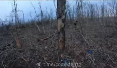 First person footage from the 93rd Mechanized Brigade working in the Donetsk region 
At 0:13 you can see the machine gunner put his gun down on a PFM-1 anti personnel mine 
All of the fragments from the mine where captured by the gun itself leaving the machine gunner with only a small concussion