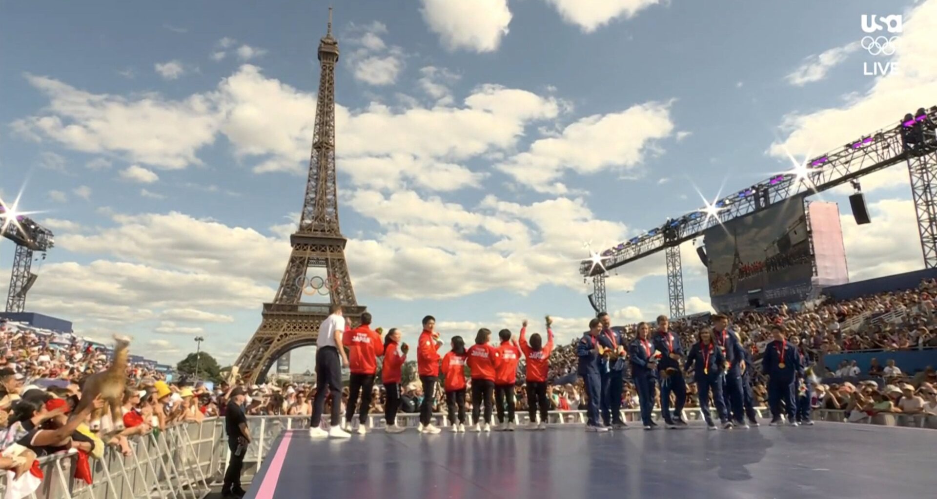 USA and Japan finally get a medal ceremony, in the shadow of the Eiffel Tower, for gold/silver in team figure skating after Russian DQ for doping