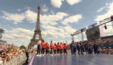 USA and Japan finally get a medal ceremony, in the shadow of the Eiffel Tower, for gold/silver in team figure skating after Russian DQ for doping