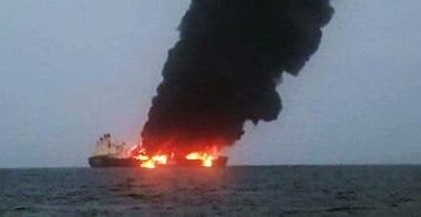 Photos show an oil tanker ablaze days after Houthi rebels attacked it with a drone boat