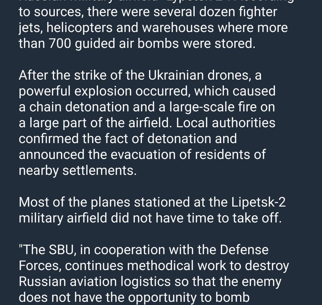 Update on the results of the SBU strikes on Lipetsk Airfield: Over 700 Glide Bombs destroyed causing chain reaction with dozens of Aircraft / Helicopters and S300/ S350 Systems in the vicinity of the explosions.