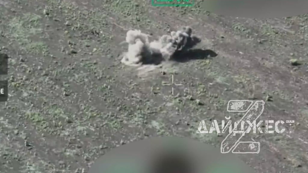 Two Russian soldiers in an empty field are attacked by several FPV drones but seem to survive every strike