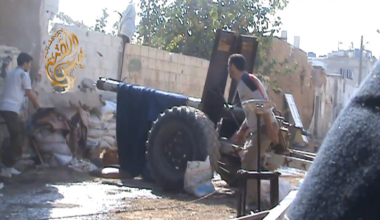 FSA targeting Syrian Army controlled buildings with an interesting homemade howitzer - Jobar, Damascus - 11/19/2014