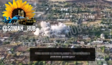 Reconnaissance drone view observing the 40th Tactical Aviation Brigade aircraft dropping two AASM HAMMER bombs on building occupied by Russian troops. Kozachi Laheri, Kherson, Ukraine. Location: (46.70739, 32.97937). Published on August 29, 2024.