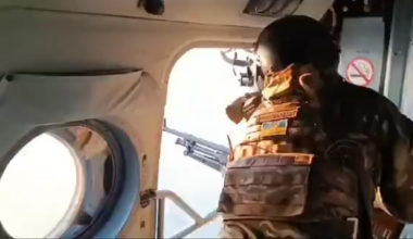 Ukrainian helicopter door gunner shoots down Shahed drone.