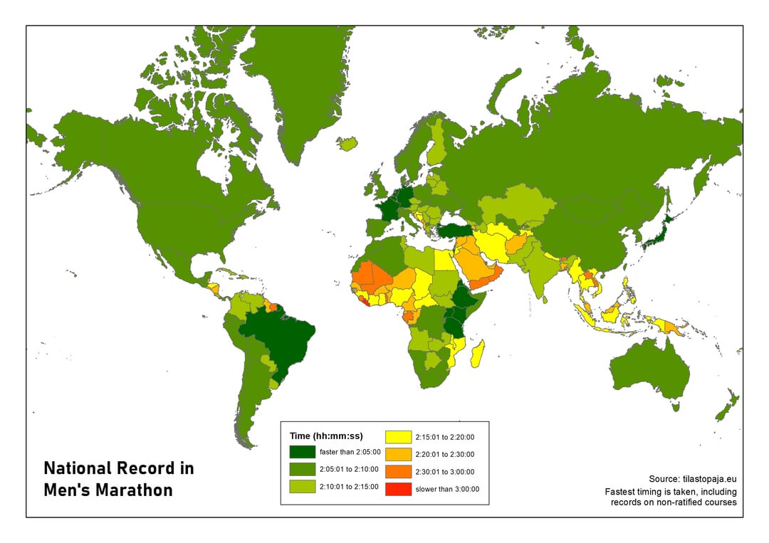 National Record in Men's Marathon [OC] - scroll for continental maps