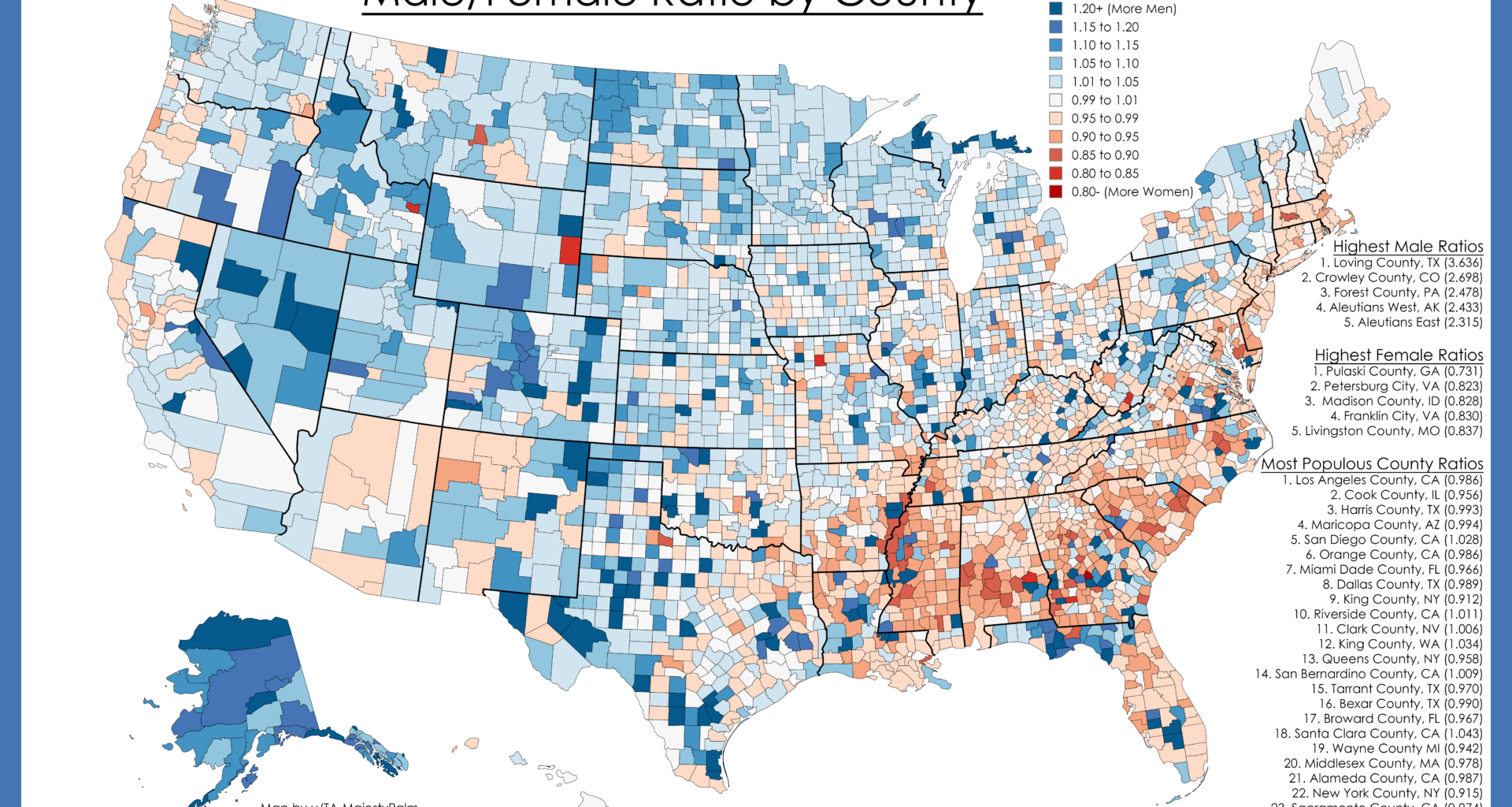 [OC] Male/Female Ratio by US County