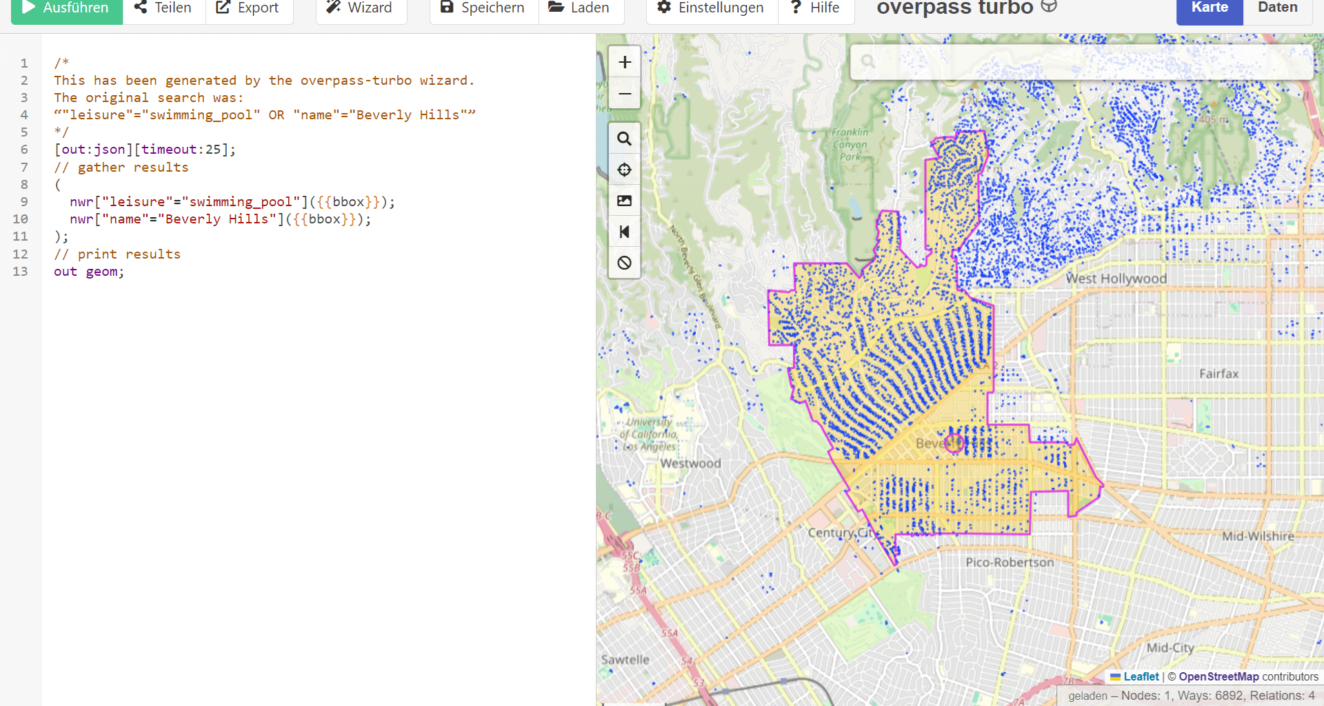 [OC] Map of swimming pools in and near Beverly Hills, CA. Source: OpenStreetMap contributors