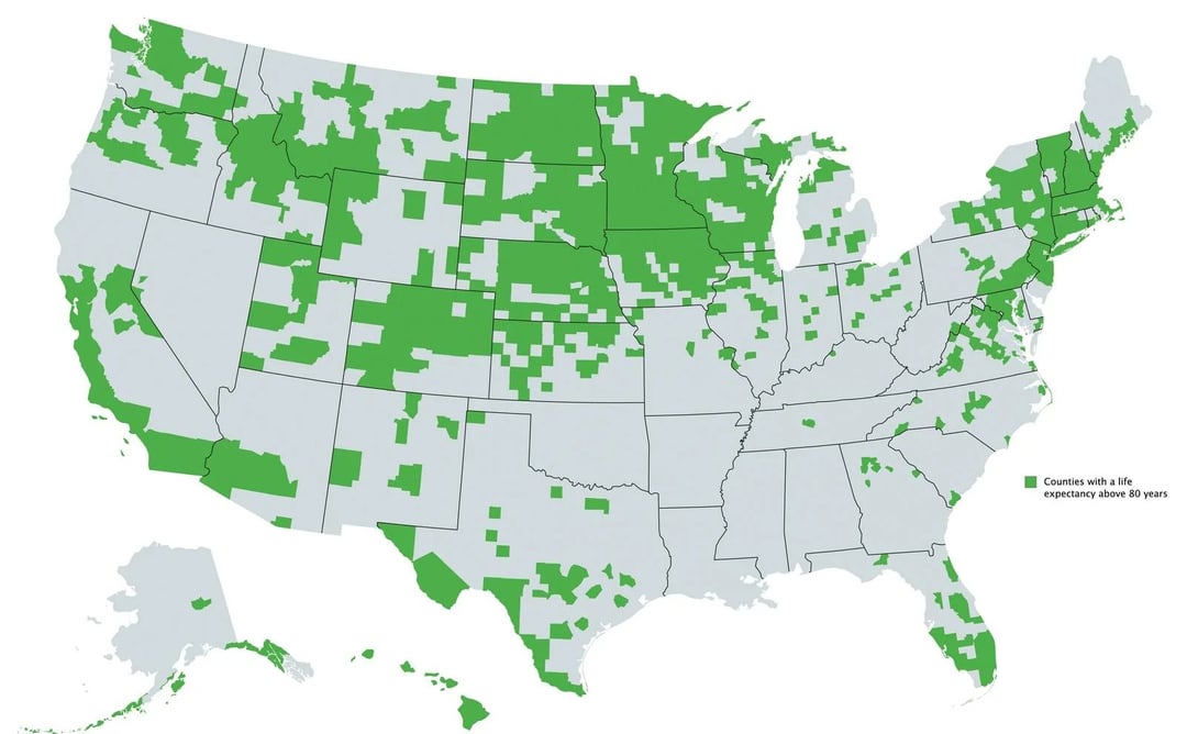 U.S. Counties with a life expectancy above 80 years VS Obesity rates