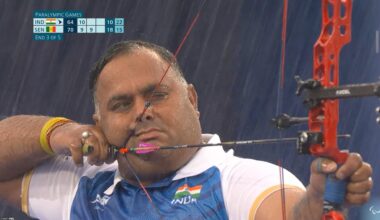 Picture Of The Day: Rakesh Kumar, 39 yo Para-Archer from India, casually shooting 10s in his RO32 match today, with an extremely heavy rain in the arena. (He won the match)