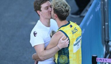 Campbell Harrison kissing his boyfriend after failing to qualify for the climbing final