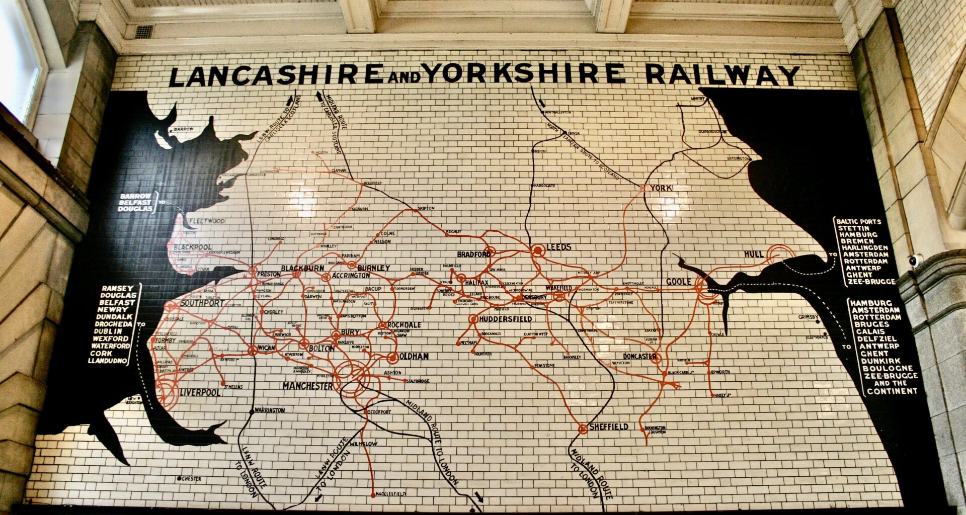 Ceramic map/ wall mural of the old Lancashire and Yorkshire Railway network in Manchester Victoria Train Station.