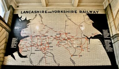 Ceramic map/ wall mural of the old Lancashire and Yorkshire Railway network in Manchester Victoria Train Station.