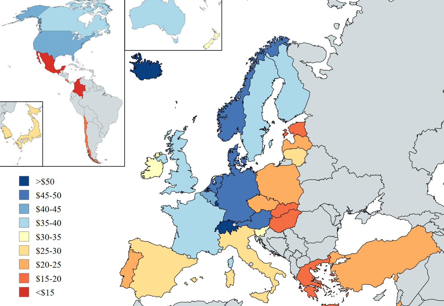 [OC] 2023 Average Wage per Hour Worked in OECD Countries (2022 PPP USD)