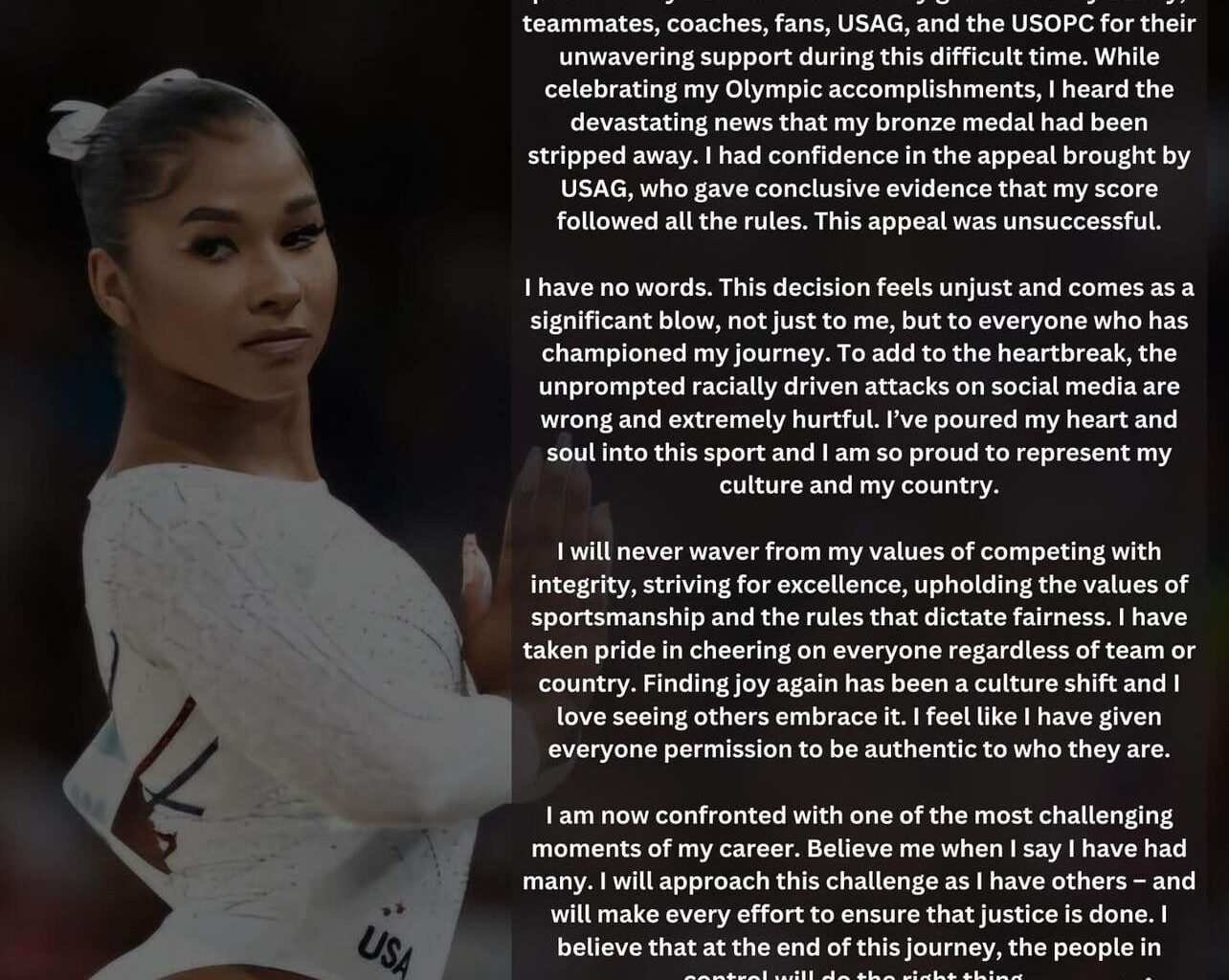 Jordan Chiles issues statement after being stripped of Olympic bronze medal: “This decision feels unjust and comes as a significant blow, not just to me, but to everyone who has championed my journey”